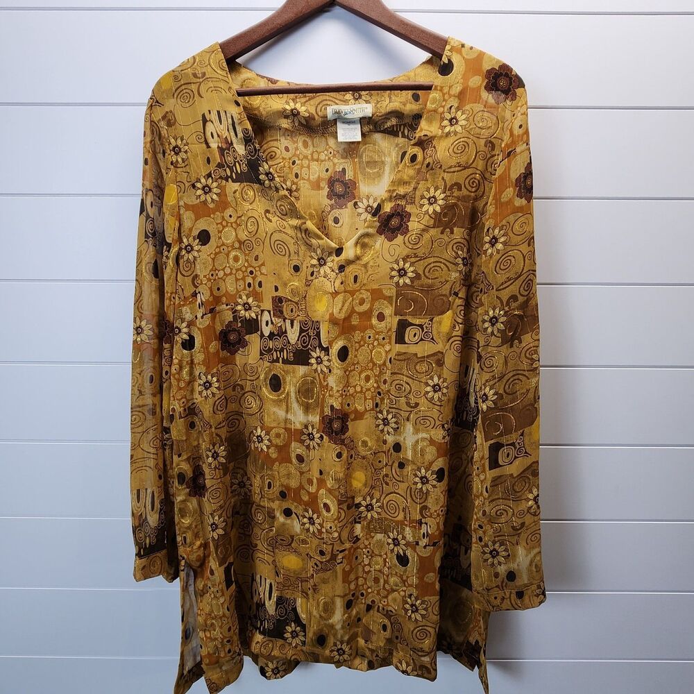 Boho Floral Patch Sheer Mesh Tunic Top M Cover Up Travel Smith Resortwear Gold